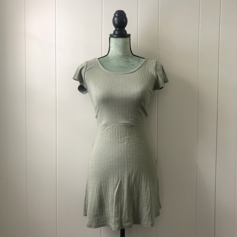 Green Fit and Flare Mini Dress with Flutter Cap Sleeves